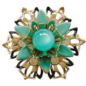 VTG Mid Century Brooch Moonglow Cab Floral Blue Enamel Rhinestones Gold Tone Pin